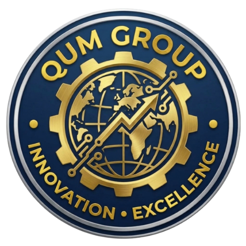 Official circular corporate gold crest logo for QUM GROUP PLC representing innovation and engineering excellence in Ethiopia.